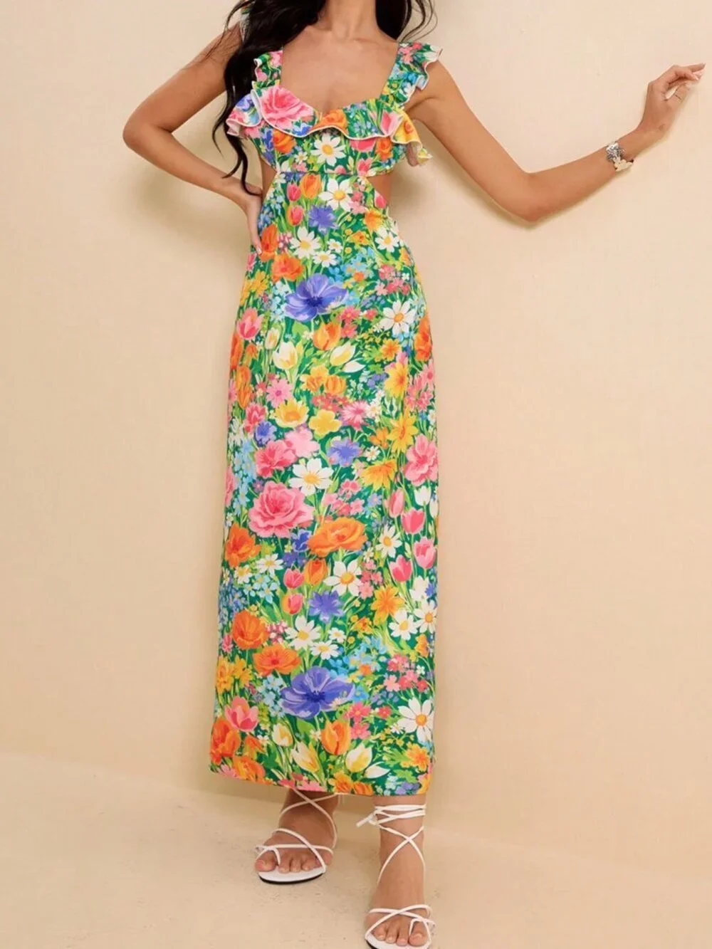 Multicolor Elegant Women's Floral Print Ruffle Detail Backless Tie Maxi Dress